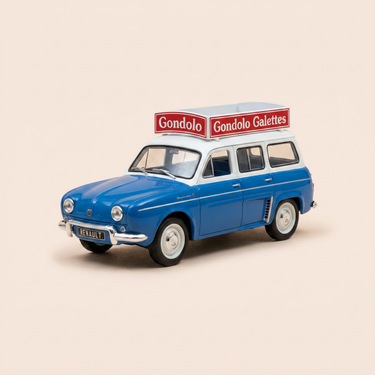 Voiture miniature - Renault Dauphinoise bleue - Publicité sur les gâteaux GONDOLO