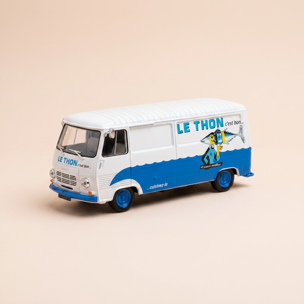 Peugeot J7 blanc et bleu - Publicité pour le thon (le poisson)