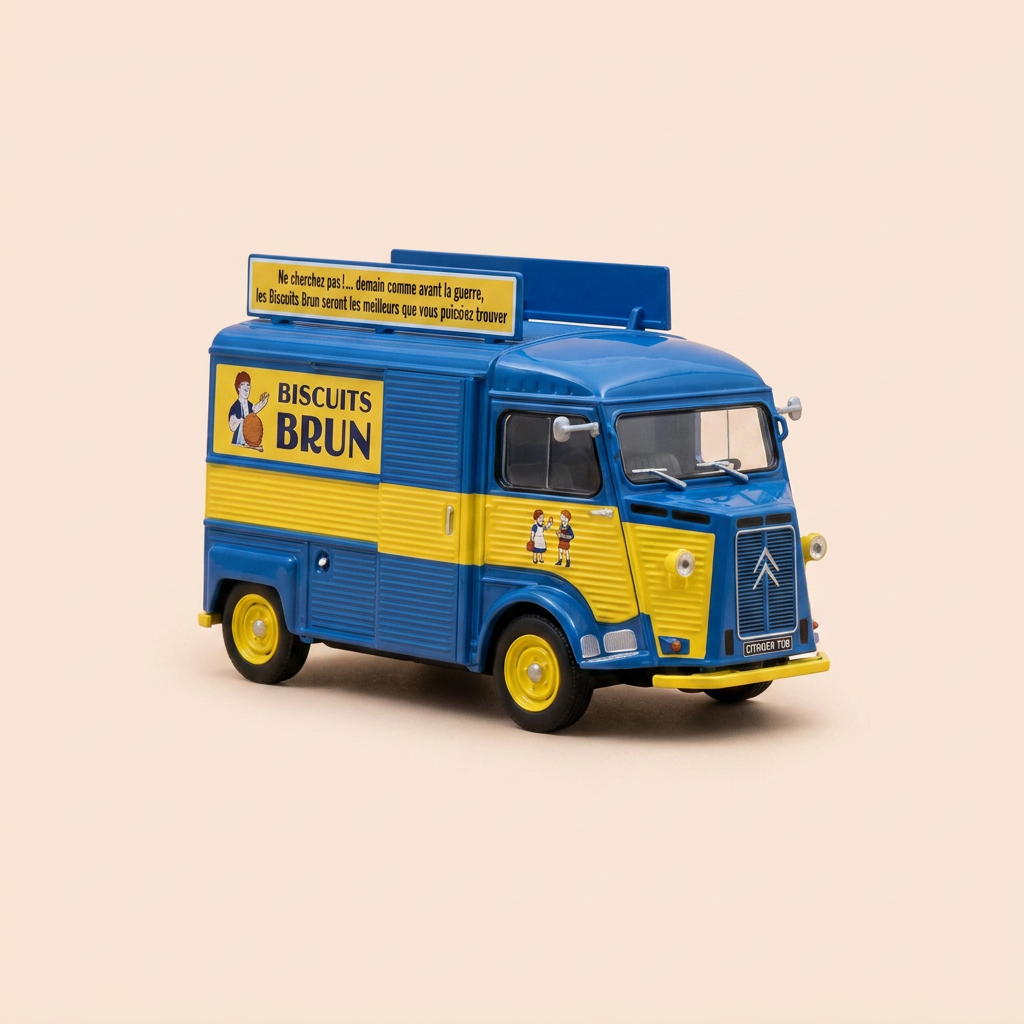 Citroën TUB gestreept blauw en geel - Advertentie voor BRUN koekjes