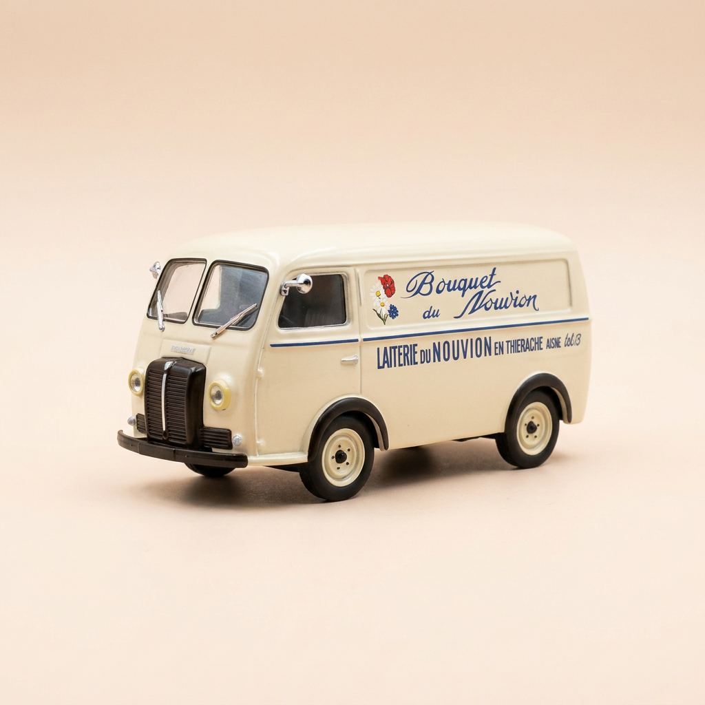 Peugeot D3A beige - Publicité Bouquet du Nouvion - laiterie du Nouvion en Thérache (dans l'Aisne)