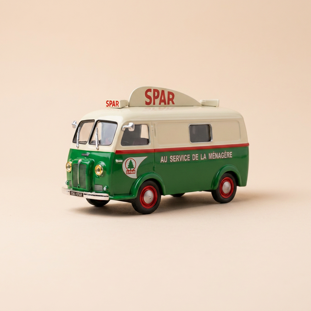 Peugeot D3A vert et beige - Publicité sur les magasins SPAR