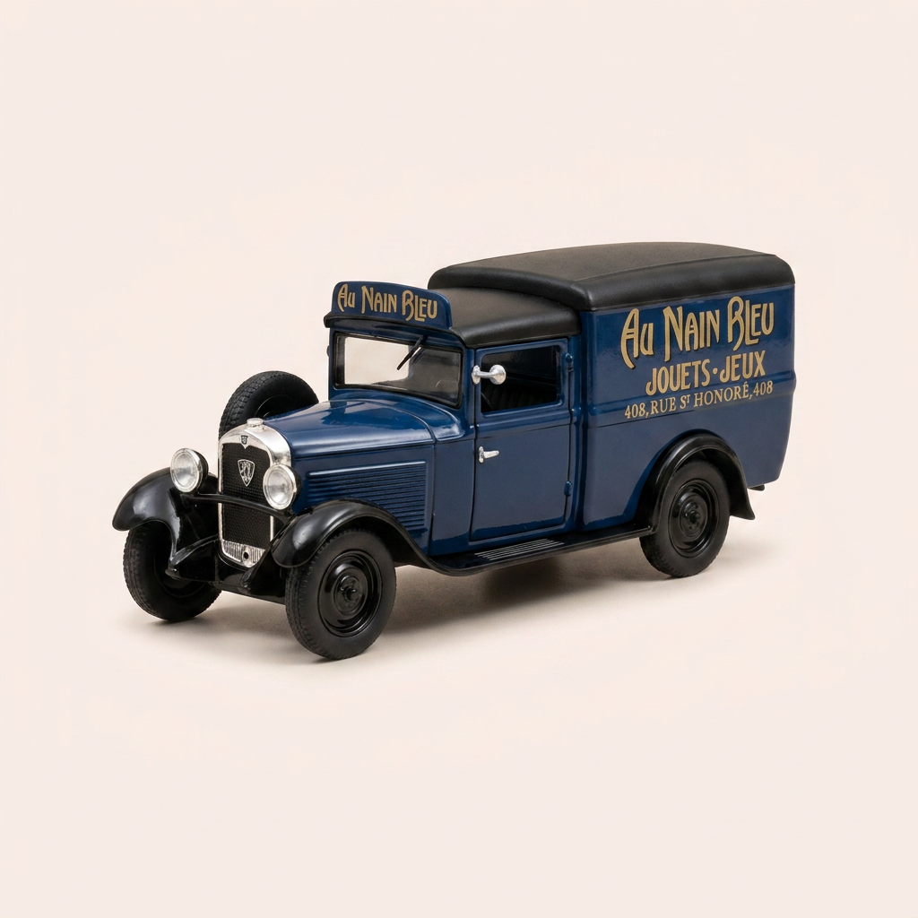 Peugeot 301 blauwe bestelwagen met zwart dak - Advertentie voor de speelgoedwinkel "AU NAIN BLEU" in Parijs