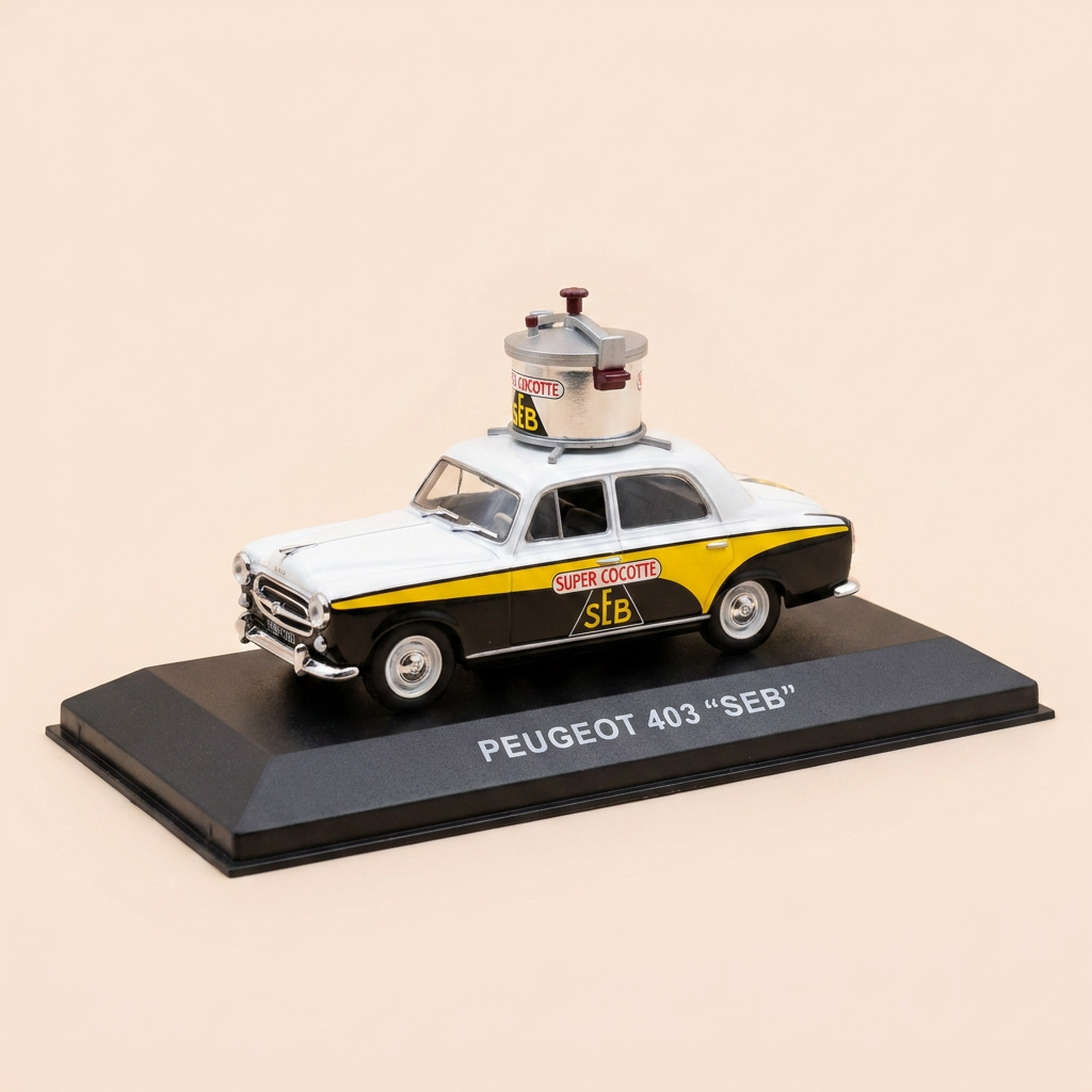Peugeot 403 wit, zwart en geel - SEB SUPER COCOTTE Reclame