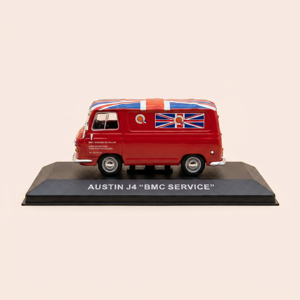 Austin J4 rouge et toit aux couleurs du drapeau de la Grande-Bretagne - Publicité pour le garage BMC SERVICES à Fontainebleau (77)