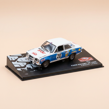 Voiture miniature - Ford Escort RS 21600 blanche et bleue numéro 20 - rallye de Monté-Carlo de 1973