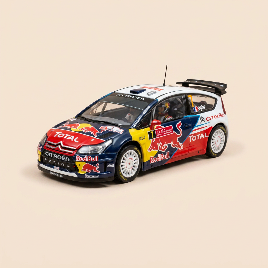 Citroën C4 WRC blanche, bleue, rouge et jaune numéro 7 - rallye du Portugal de 2010