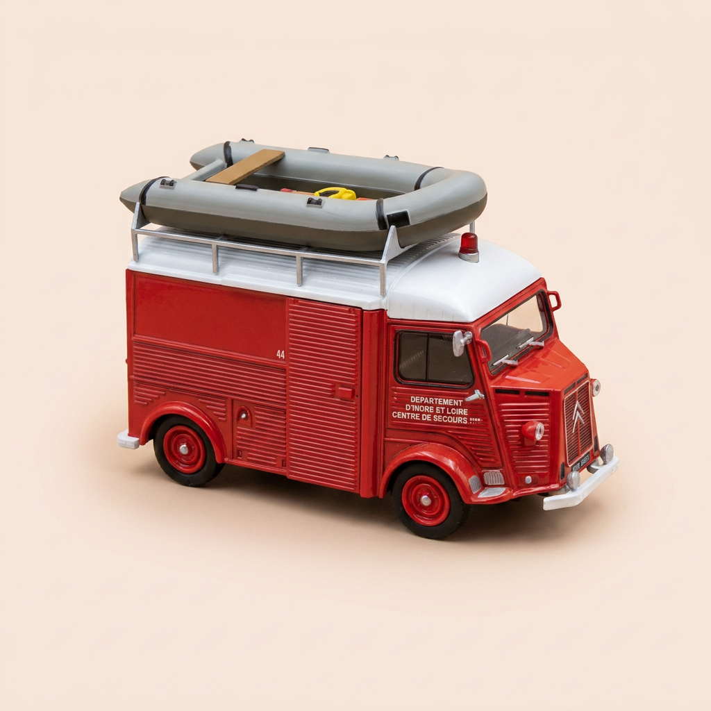 Citroën type HZ-IN rood met witte dak van 1965 - Watersportreddingsvoertuig met boot op het dakrek