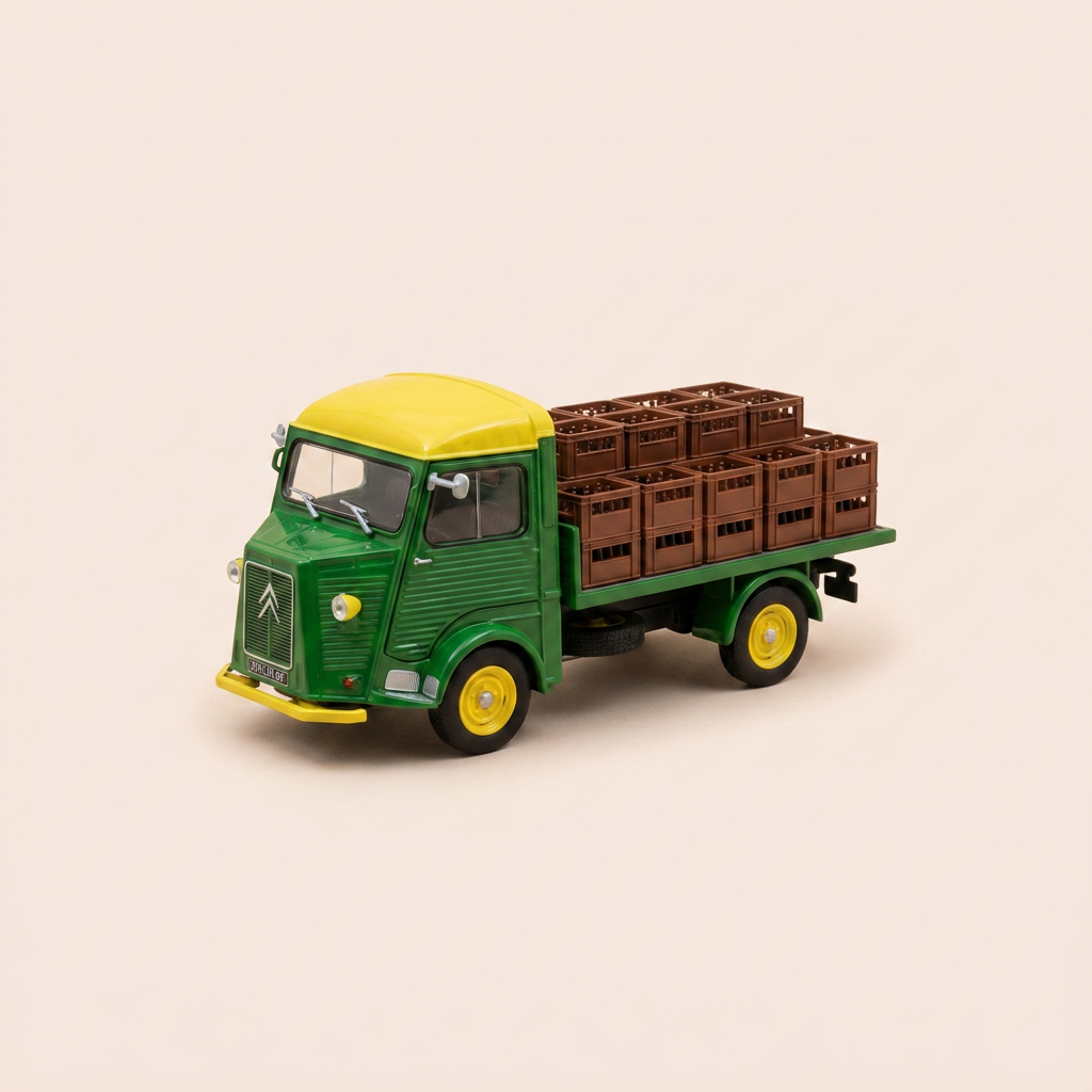 Citroën type HP groene brouwerij plateauwagen van 1957 met flessenkratten op de laadbak