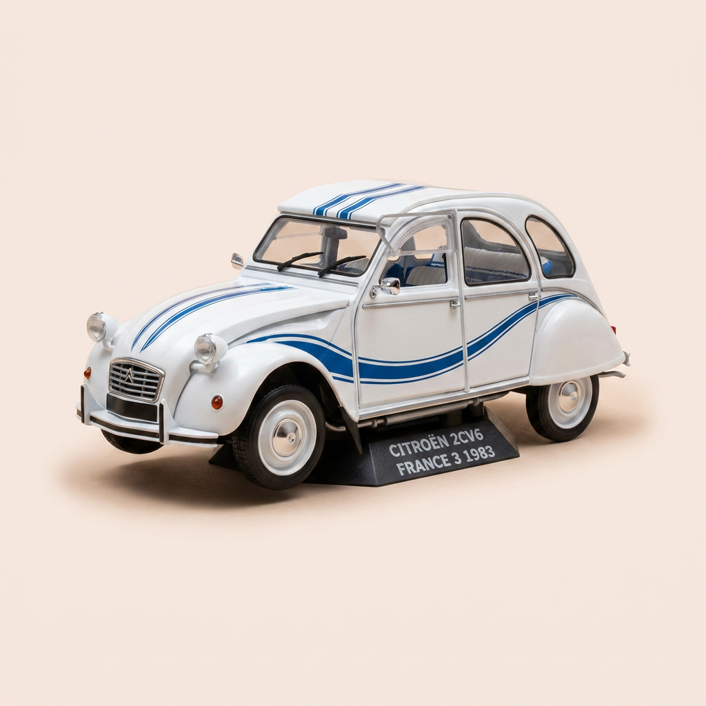 Citroën 2 CV 6 FRANCE 3 blanche et bleue de 1983 - SOLIDO (échelle: 1/18ème)