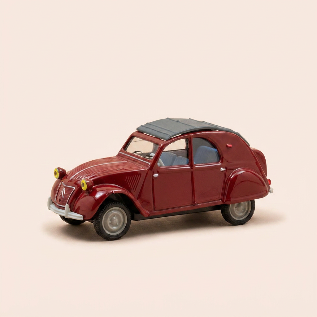 Citroën 2 CV AZLM bordeaux DE 1958 avec coffre malle - Norev (voiture rajoutée sur un socle)