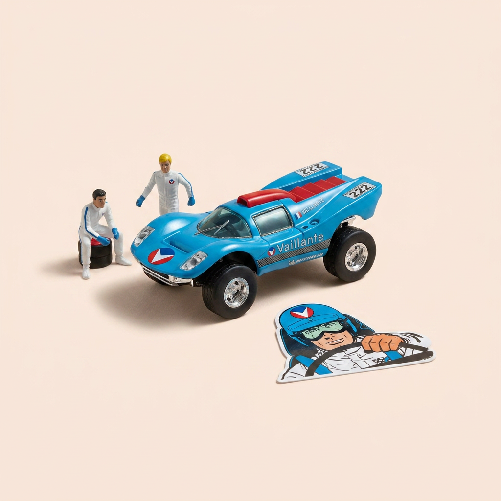 Voiture bleue et rouge numéro 222 Vaillante Orient (Album Hors piste en enfer) - Bande Dessinée Michel Vaillant