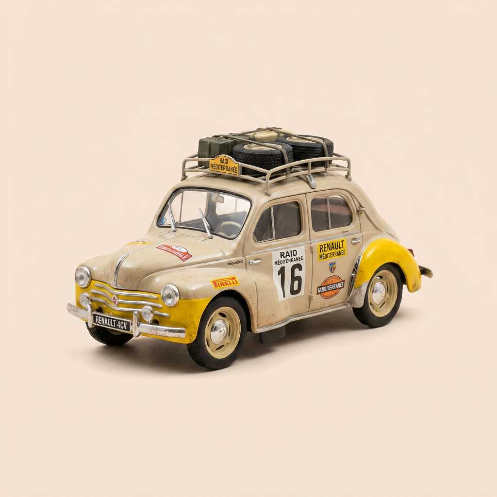 Renault 4 CV Fiel Sëll Raid Méditerranée-Le Cap Typ R 1062 vum 1950 (blister)