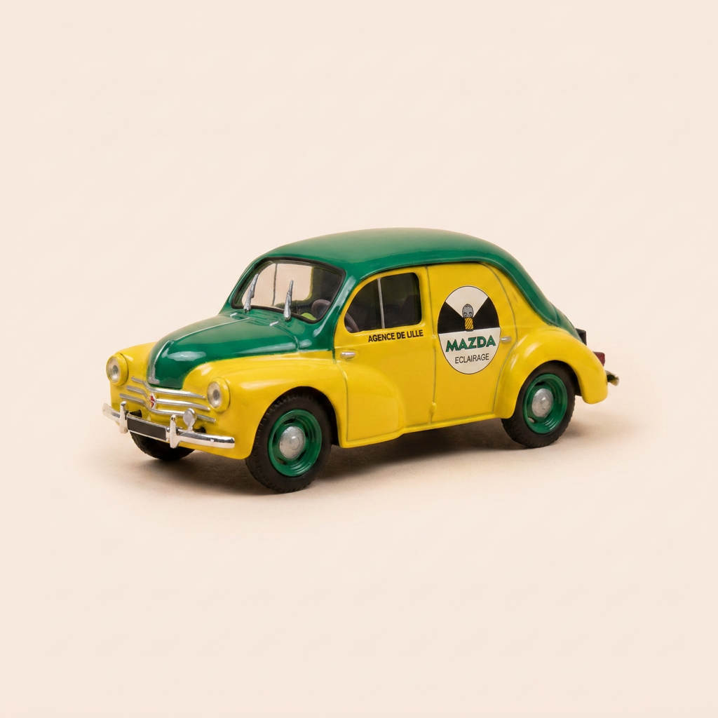 Voiture miniature - Renault 4 CV commerciale R 2071 verte et jaune de 1951 avec publicité MAZDA (blister)