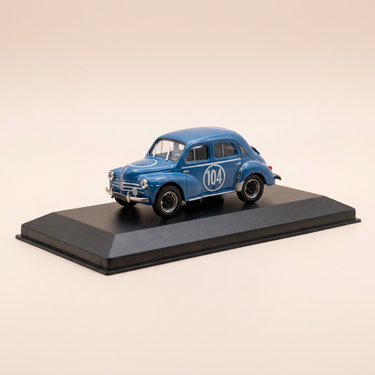 Voiture miniature - Renault 4 CV bleue numéro 104 - Tour de France de 1953 (boite plexi)