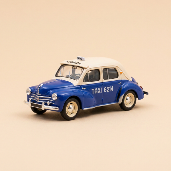 Renault 4 CV bleue et toit beige - Taxi Saïgon - de 1952 - collection Cofradis référence COF006 (boite plexi)