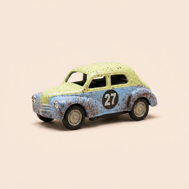 Voiture miniature - Renault 4 CV Cross bleue et verte tachetée numéro 27 (boite plexi)
