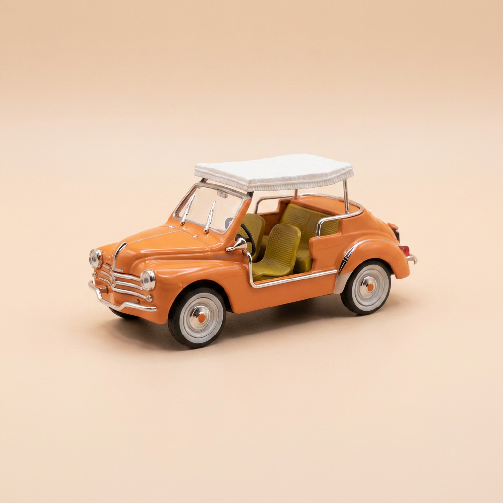 Renault 4 CV decapotable an engem saumonesche Faarf? 4 Plazen Typ R 1062 GHIA JOLLY vu 1961 (plexi Këschi ouni Etikett um Basis)