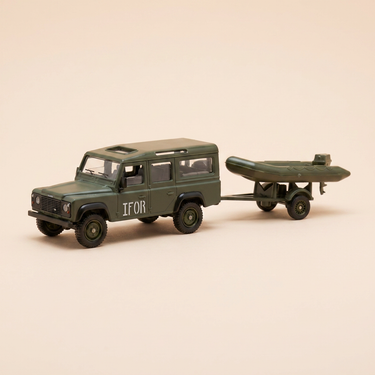 Voiture miniature - Land Rover Defender militaire avec sa barque - Solido (fabrication française) - boite N°CH1305