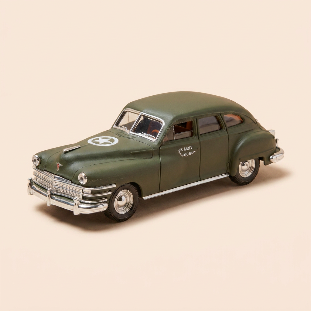 Voiture miniature militaire Chrysler Windsor de 1948 - Solido (fabrication française) - boite N°EI1732 (DÉFAUT DE PEINTURE)