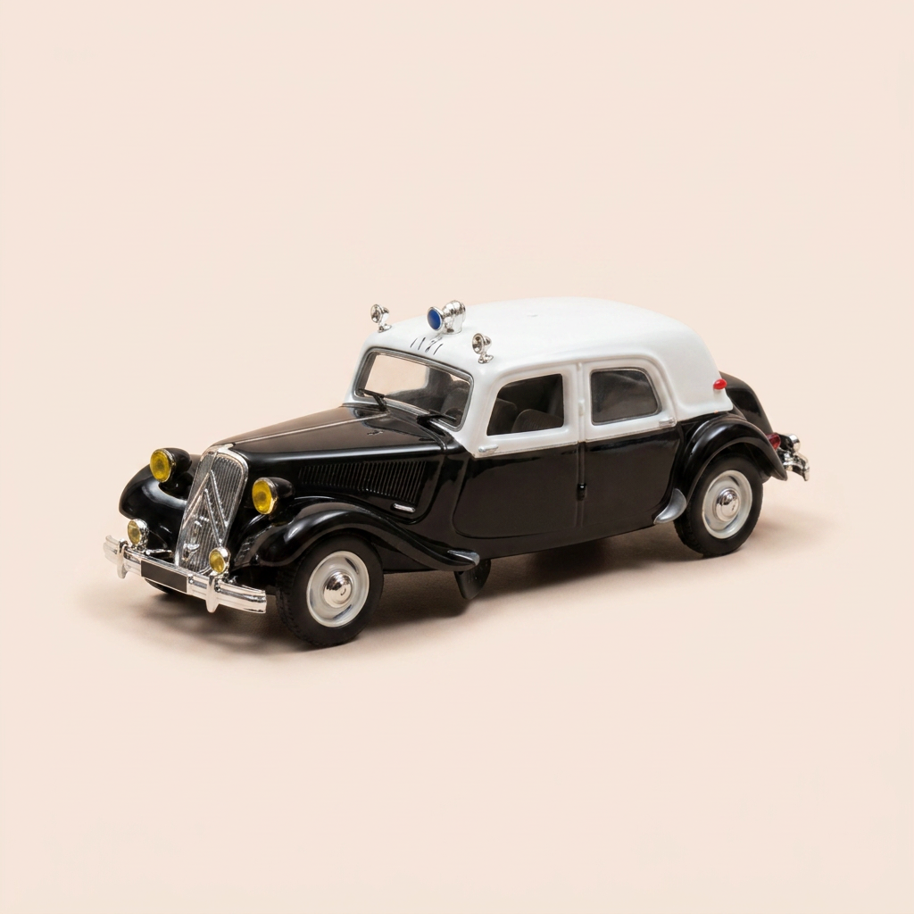 Voiture miniature - Citroën Traction 15 six Fuerzas Armadas de Coopéracion noire et blanche de 1954 (boite plexi)