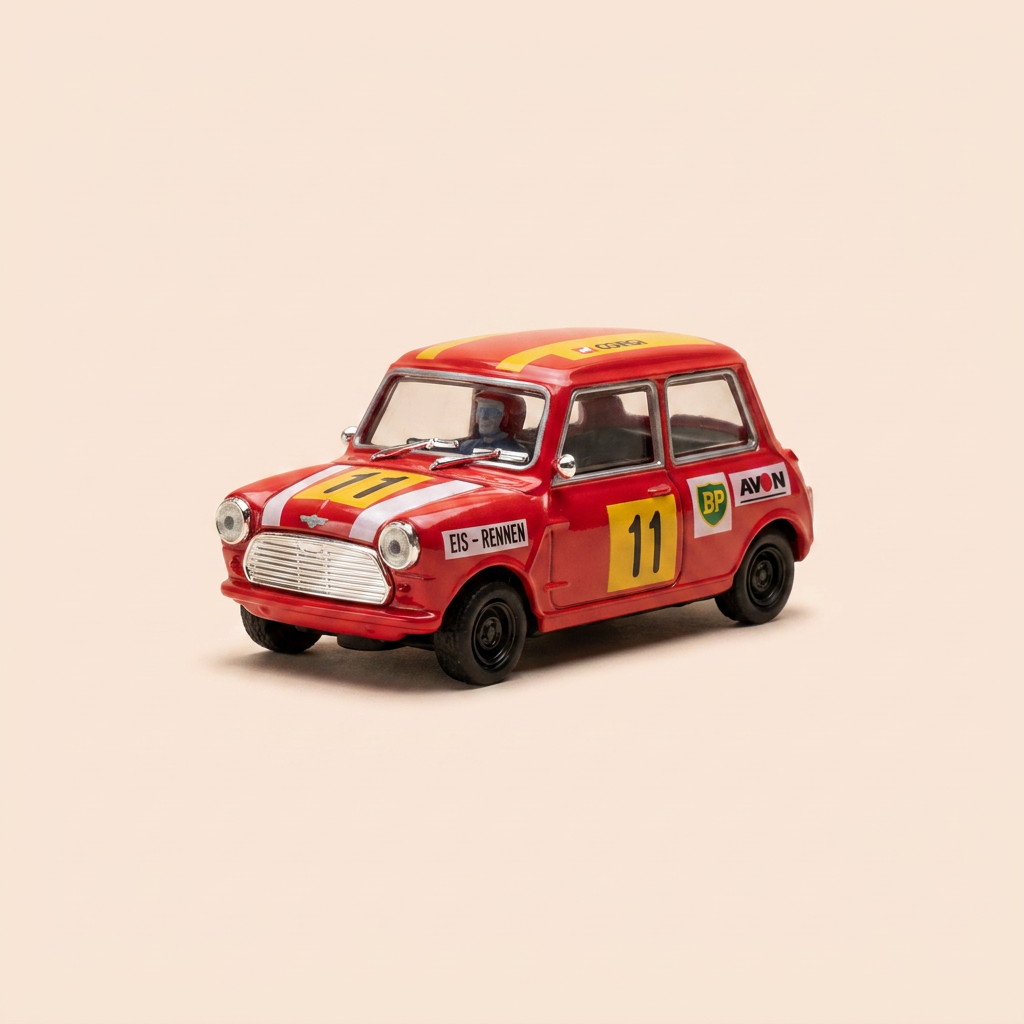 Austin mini rouge orangée avec rayures jaune et blanches numéro 11 - JAMES BOND - AU SERVICE SECRET DE SA MAJESTE (On her majesty's secret service)