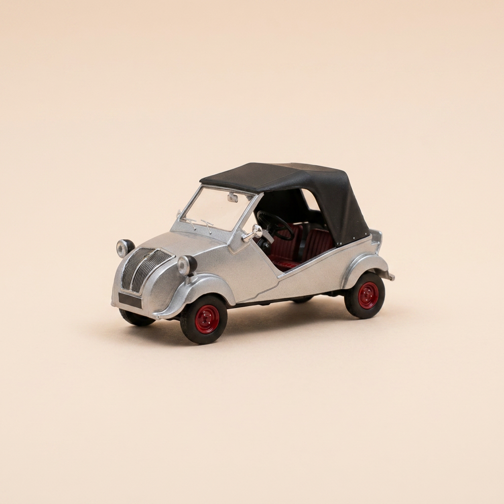 Micro-voiture d'antan Autonacional Voisin Biscuter grise et toit noir de 1956 - voiture franco-espagnole