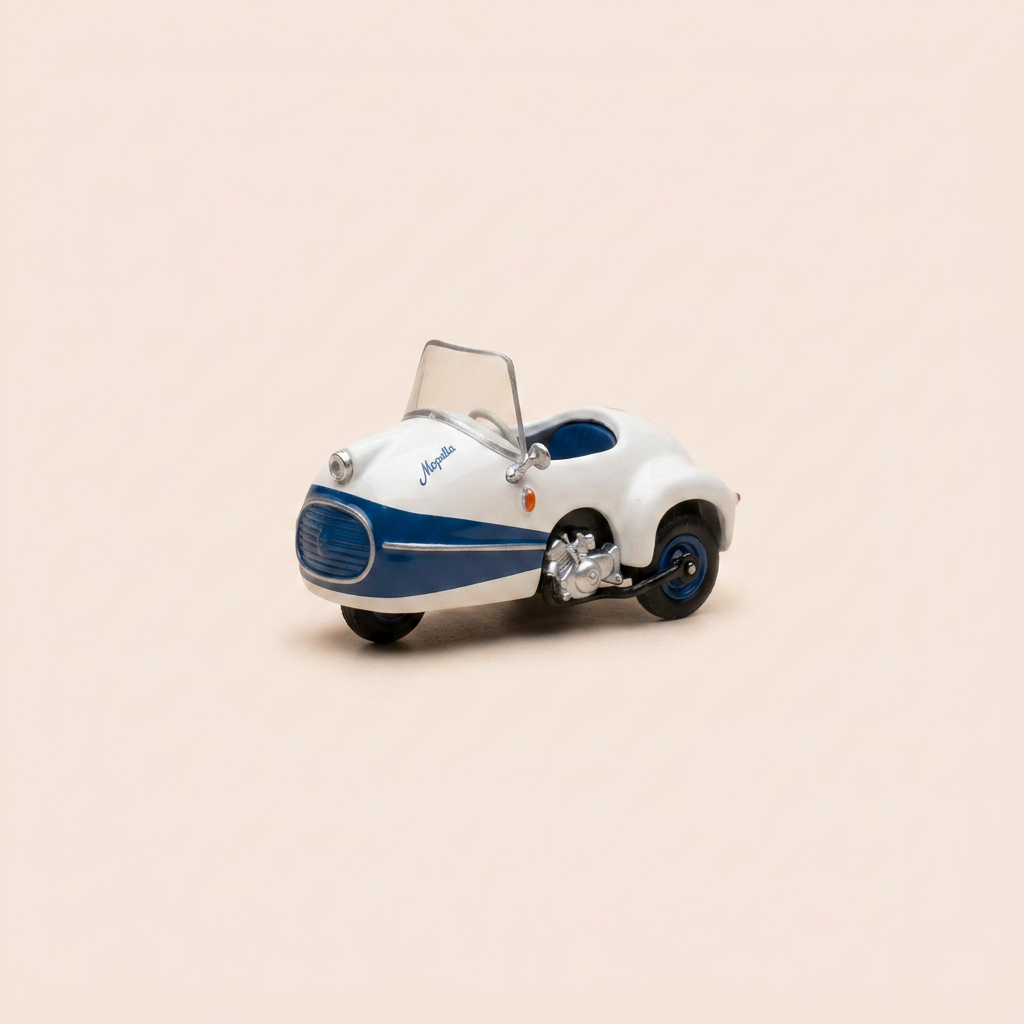 Vintage Mikroauto Brütsch Mopetta Weiß und Blau von 1958 - Deutsches Auto