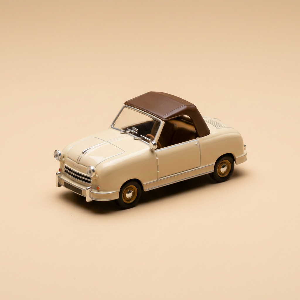 Micro voiture d'antan De Rovin D4 beige et capote marron de 1953 - voiture française