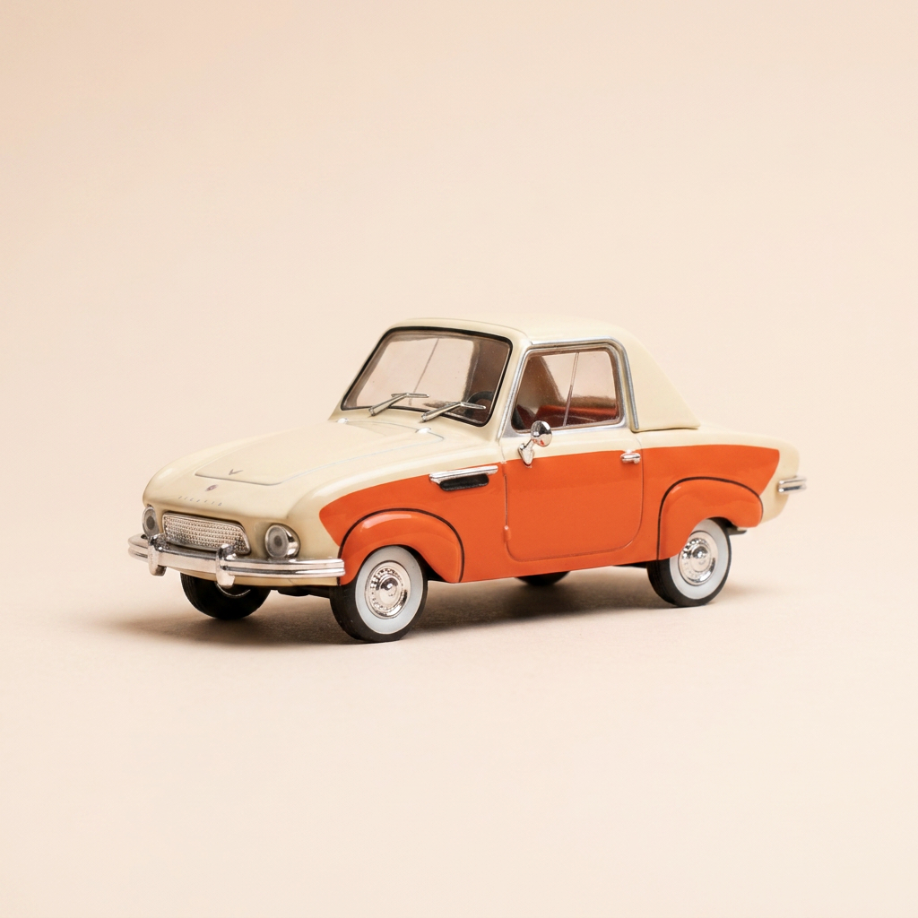 Micro voiture d'antan Autonacioal Biscuter Pegasin beige et rouge de 1957 - voiture espagnole