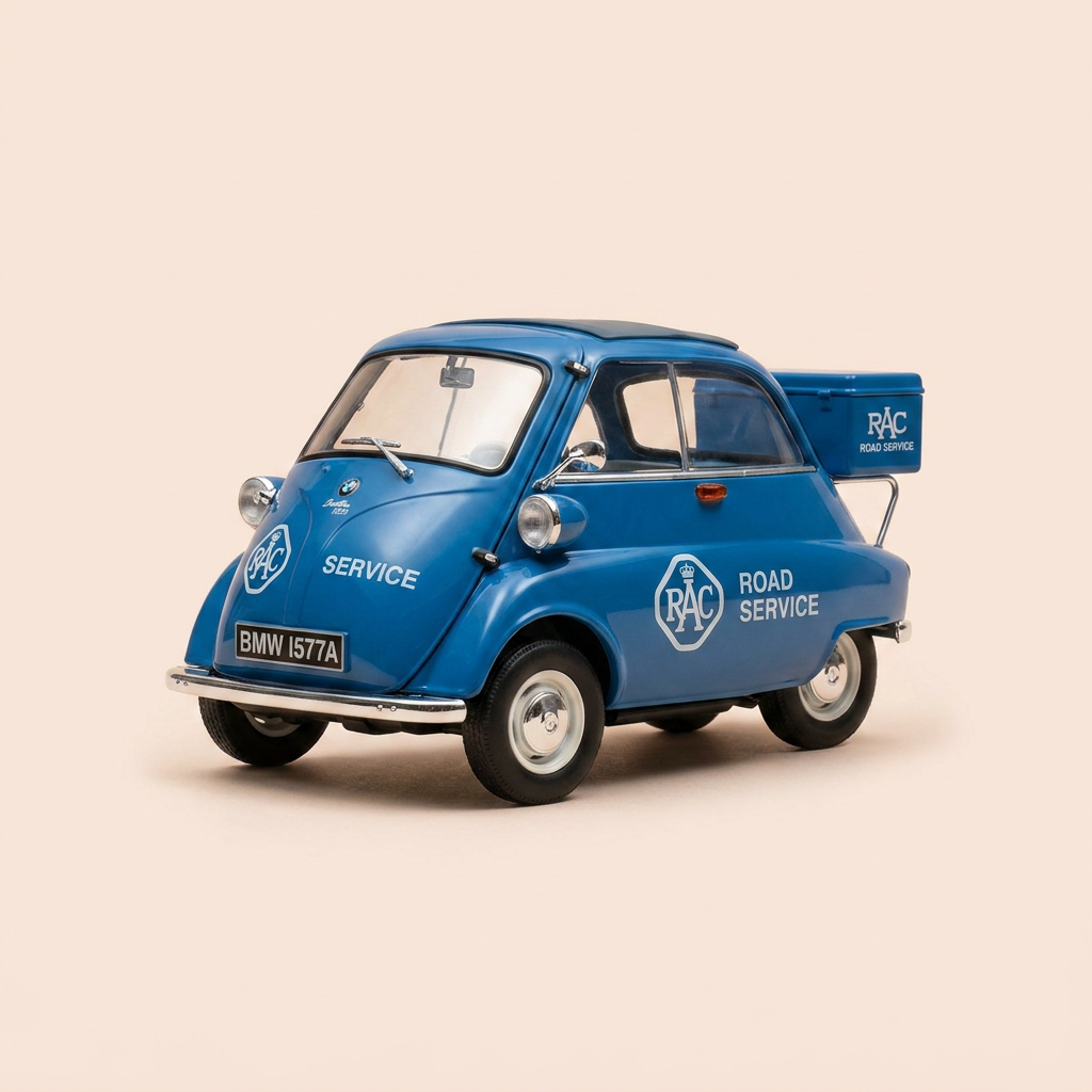 Micro voiture d'antan BMW Isetta RAC bleue de 1959 - voiture italienne