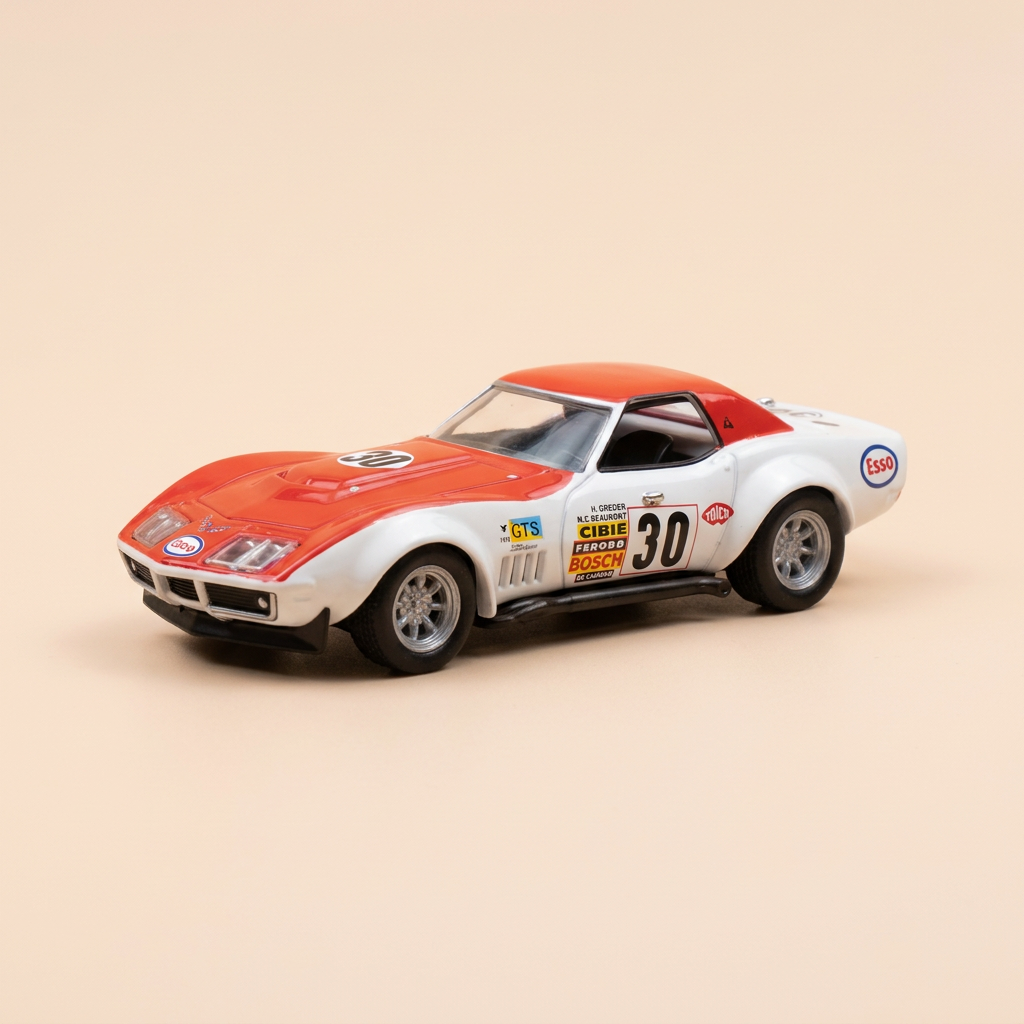 Chevrolet Corvette wäiss a rout Nummer 30 - 24 Stonnen vum Le Mans 1973