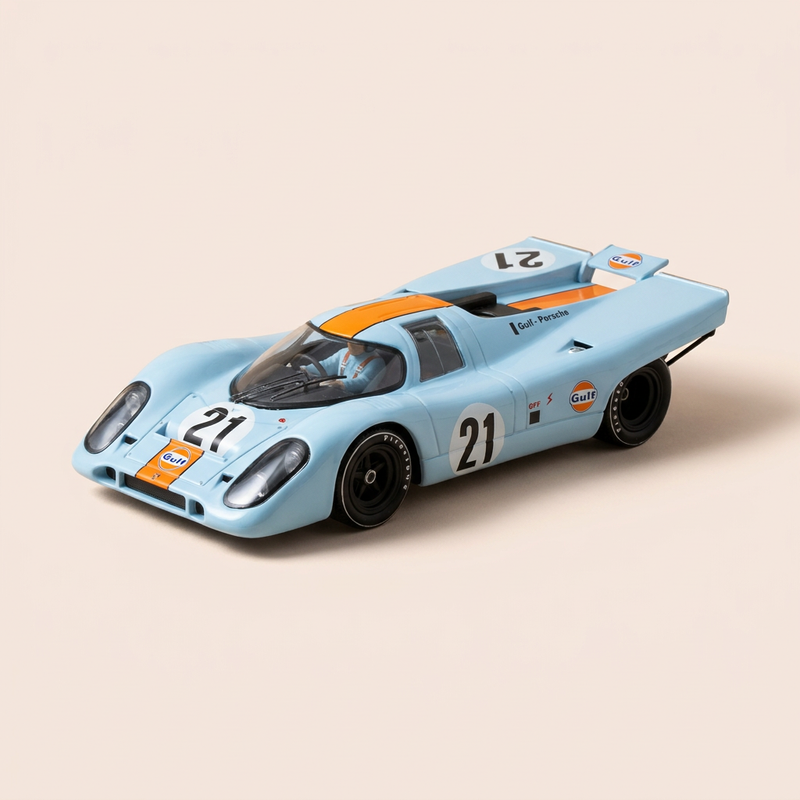 Porsche 917K arancione e blu (nei colori Gulf) numero 21 - 24 ore di Le Mans del 1970