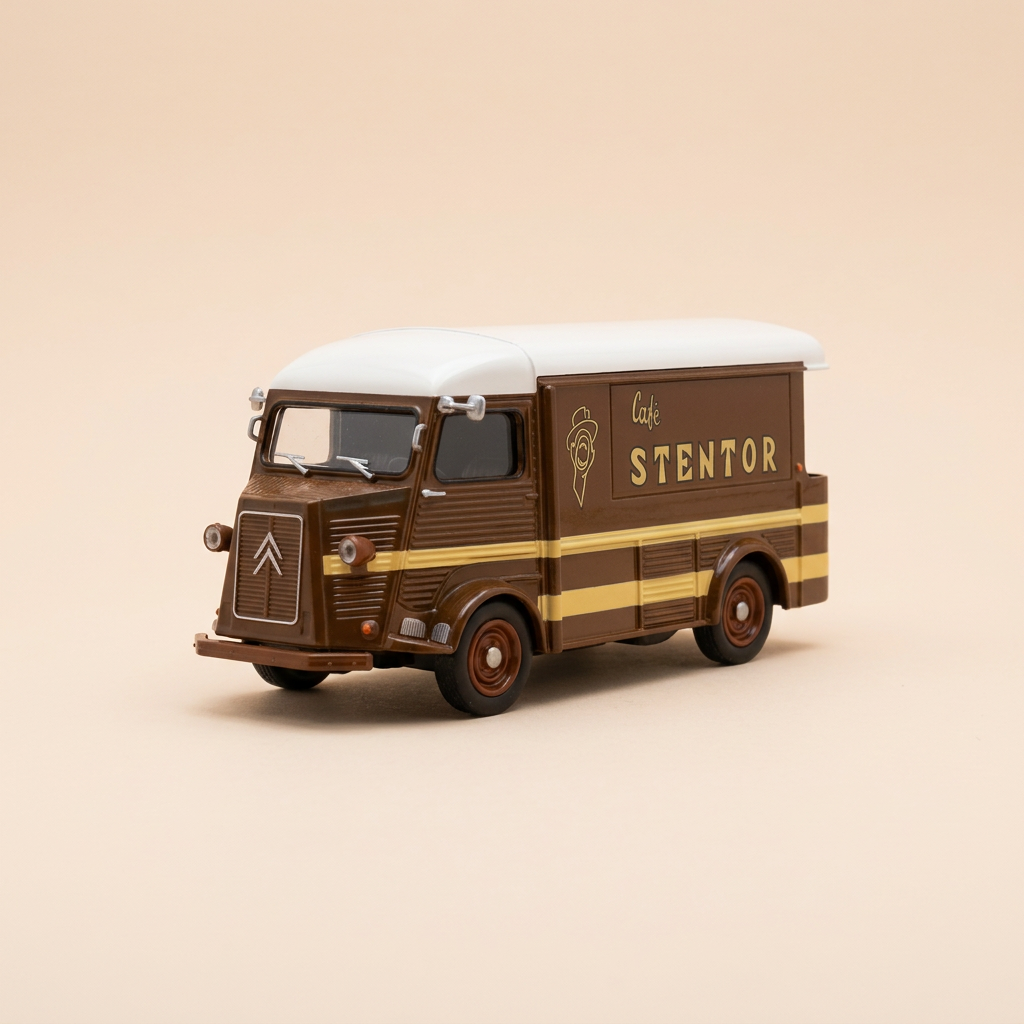 Citroën type HY marron et toit blanc de 1962 avec publicité pour le café STENTOR (véhicule sans protection)