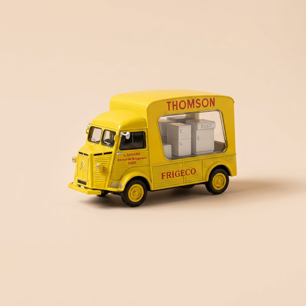 Citroën type HZ jaune de 1959 avec publicité THOMSON - FRIGECO (véhicule sans protection)
