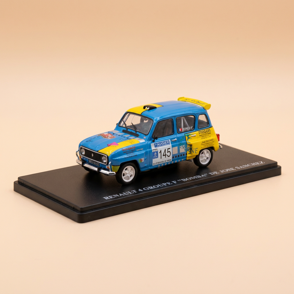 Renault 4 bleue et jaune groupe F "BOMBA" de José Sanchez