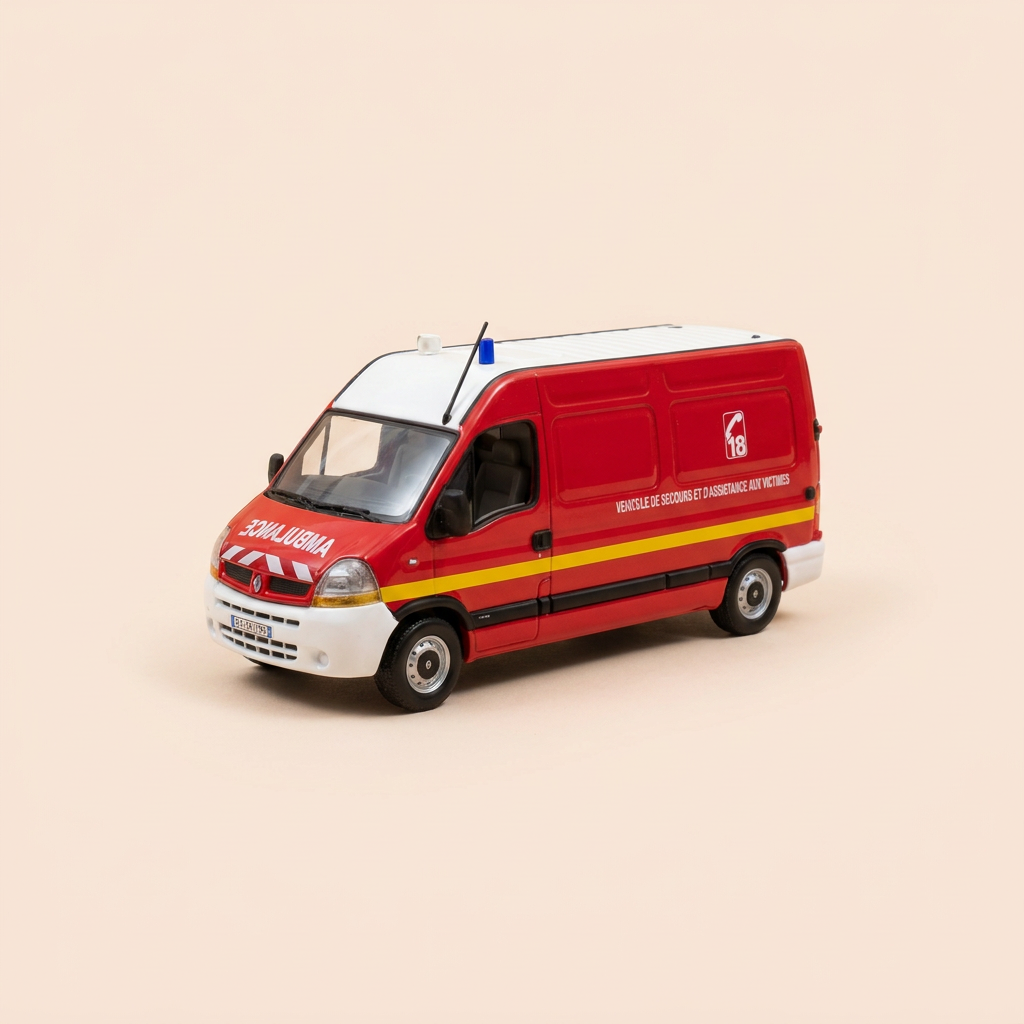 Fourgon Renault Master phase 2 rouge - véhicule de pompiers VSAV (Véhicule de Secours et d'Assistance aux Victimes) - NOREV (1 gyrophare à réparer)