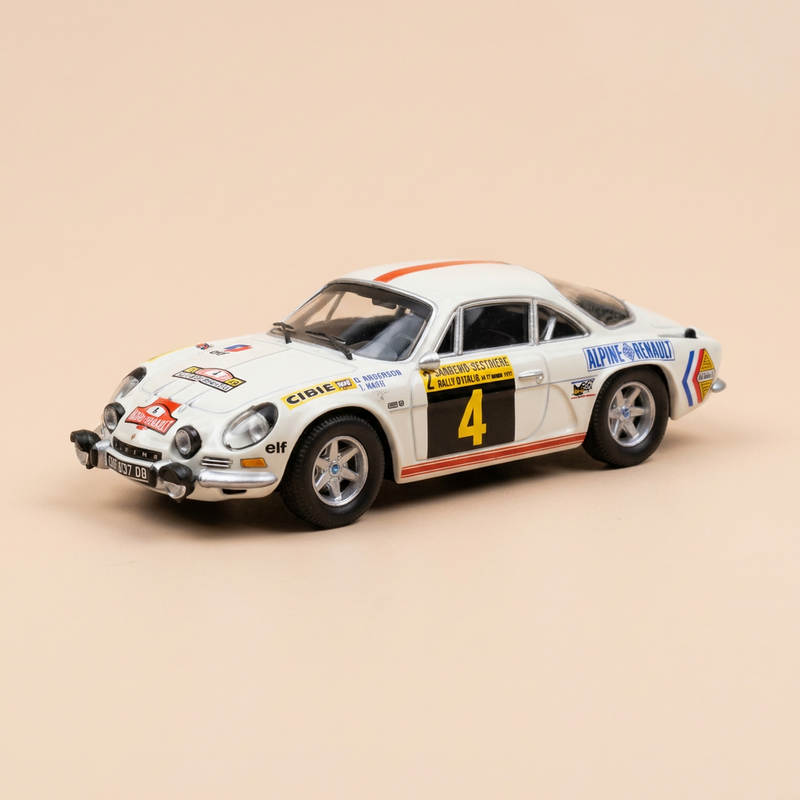 Renault Alpine A110 1600S blanche numéro 4 - vainqueur du rallye de San-Rémo - Sestrières (Italie) de 1971 - TROFEU référence 809 (boite carrée)