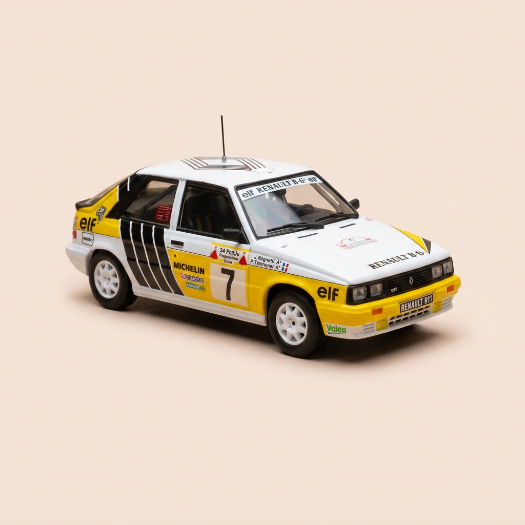 Renault 11 Turbo blanche, jaune et noire numéro 7 - rallye de l'Acropole de 1987 - IXO (coffret boite rectangle)