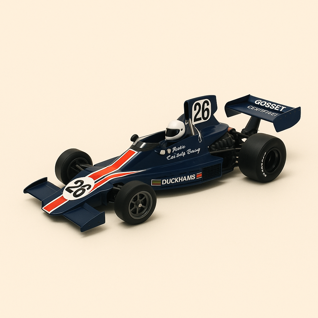 Photo professionnelle de la voiture miniature Hesketh 308B Bleue Foncee Numero 26 De 1975 Formule 1 Grand Prix De Monaco - Image clean haute qualité