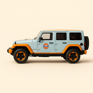 Photo professionnelle de la voiture miniature Jeep Wrangler Aux Couleurs De Gulfd Bleue Et Orange De 2015 - Image clean haute qualité