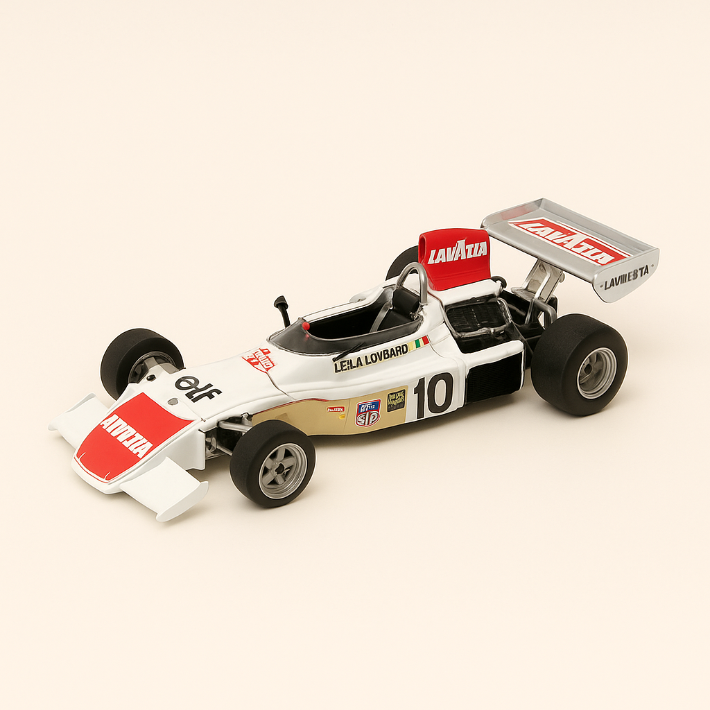 Photo professionnelle de la voiture miniature March 751 Blanche Numero 10 De 1975 Formule 1 - Image clean haute qualité