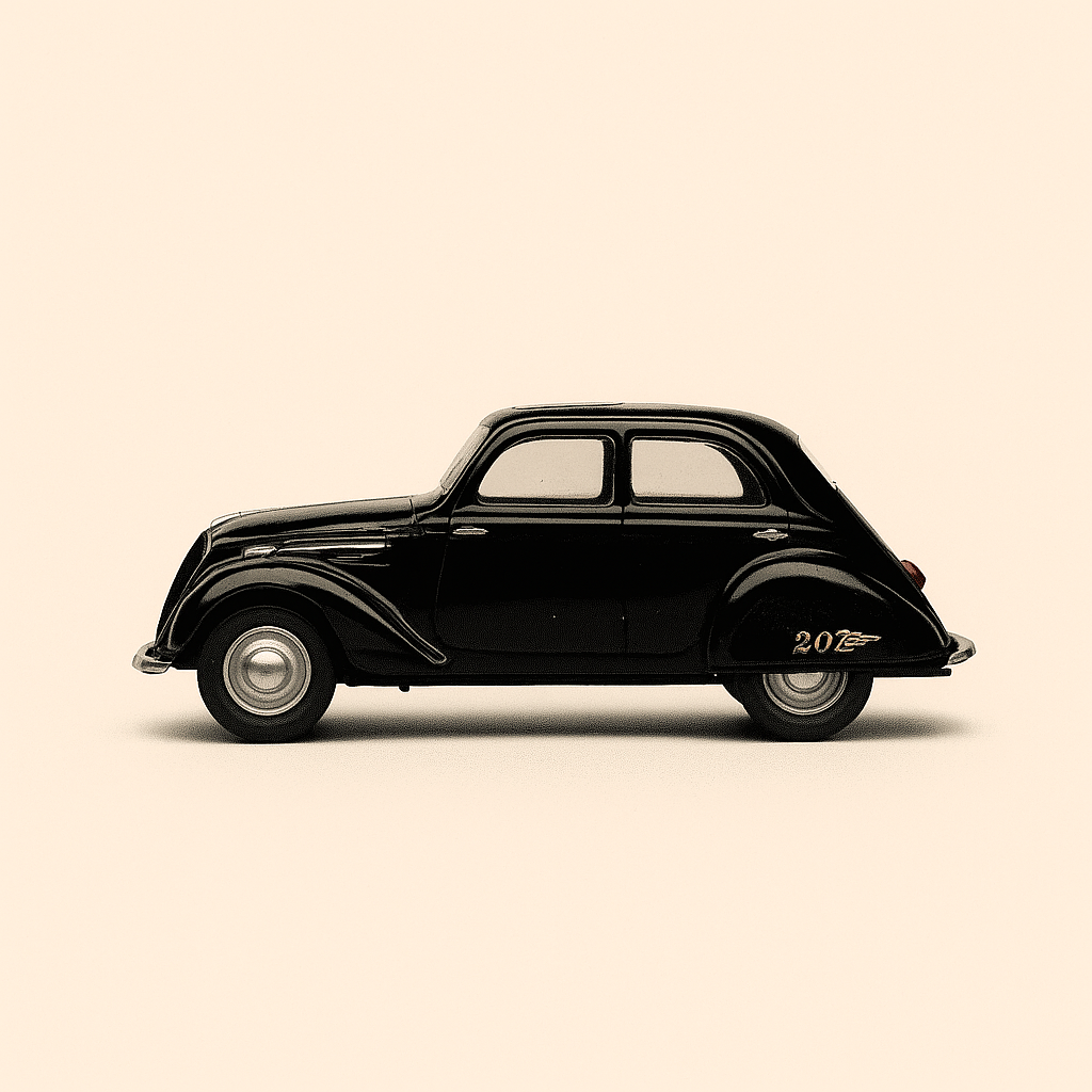 Peugeot 202 schwaarz Limousine vun 1938 (Paradcar)