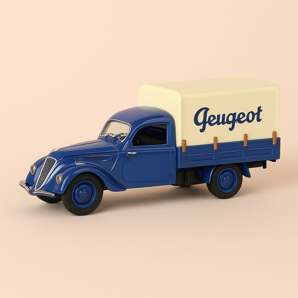 Furgoneta Peugeot 202 de lona azul de 1947 (lona beige con el texto PEUGEOT)