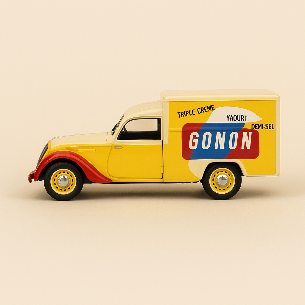 Peugeot 202 giel-wäisse Panelvan vun 1953 (mat Gonon-Reklam)