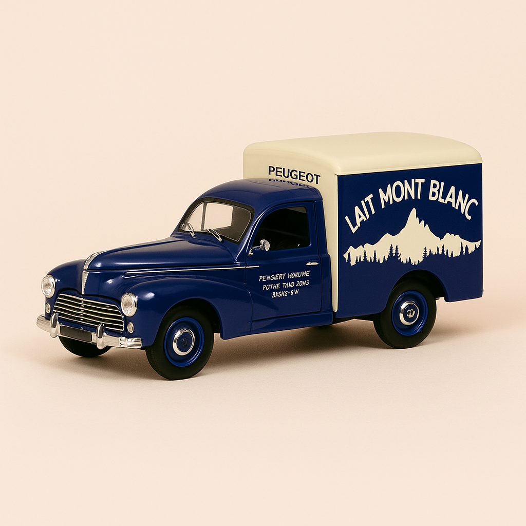 Peugeot 203 C8 azul con publicidad de Lait Mont Blanc
