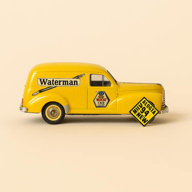 Photo professionnelle de la voiture miniature Peugeot 203 Commerciale Jaune Avec Publicite Waterman Solido Reference 4552 - Image clean haute qualité
