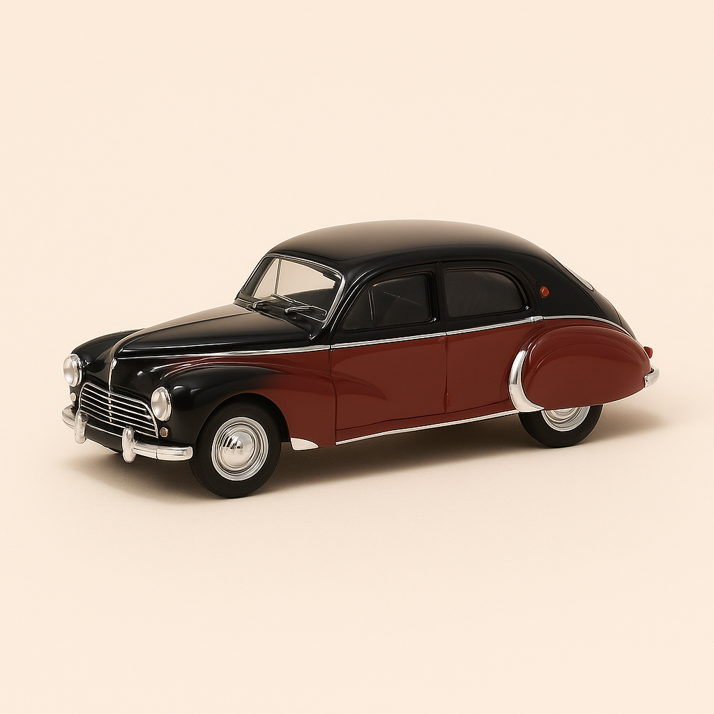 Peugeot 203 Darl'mat bordeaux a schwaarz vun 1953 (Blister)