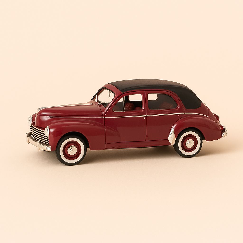 Peugeot 203 découvrable bordeaux et capote noire de 1954 (boite plexi)