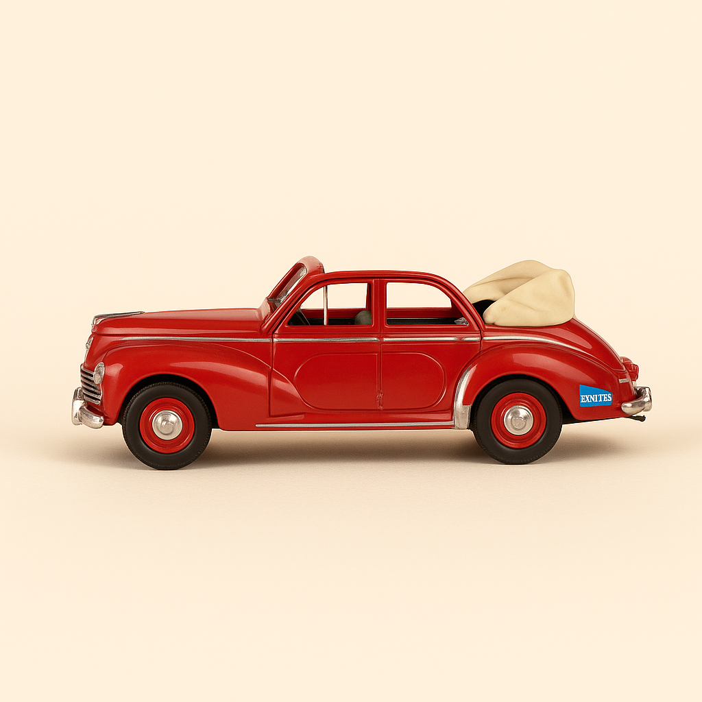 Photo professionnelle de la voiture miniature Peugeot 203 Decouvrable Rouge Lequipe Tour De France 1949 - Image clean haute qualité