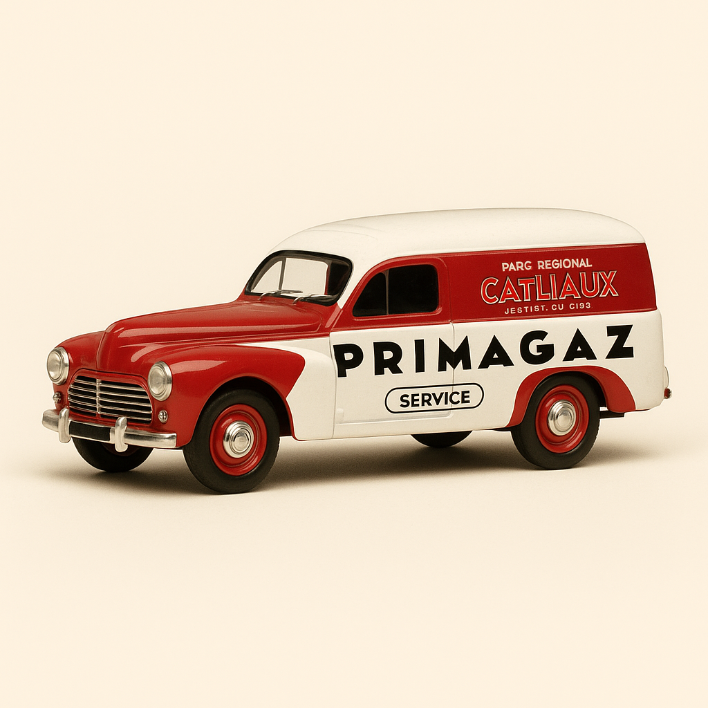 Peugeot 203 C5 rout-wäisse Panelvan vun 1958 (mat PRIMAGAZ-Reklam)